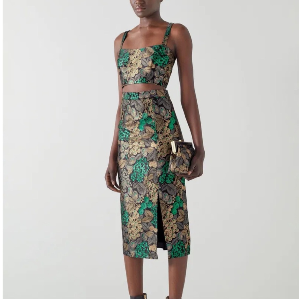 LK Bennett Green and Gold Floral Midi Skirt